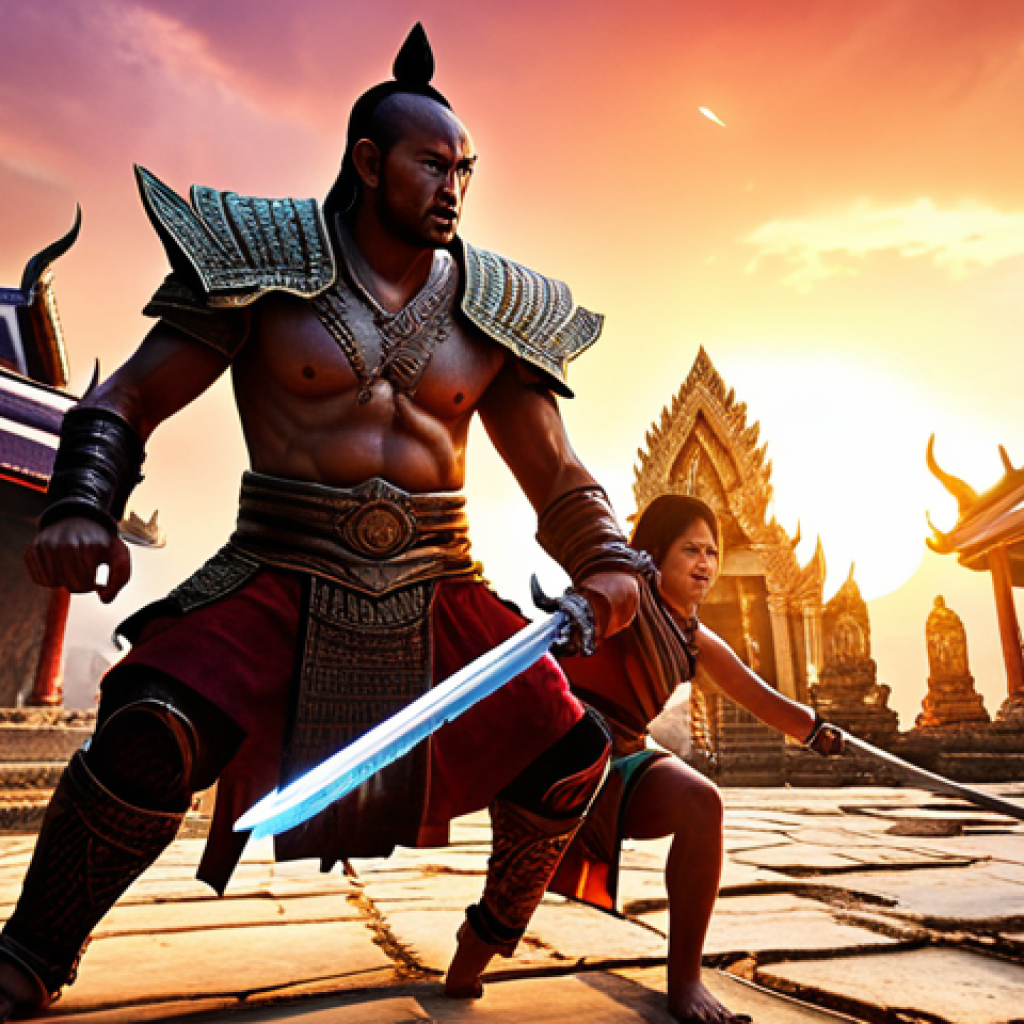 Intense PvP Battle**

Prompt: Lineage W PvP battle. A fierce warrior character, wielding a glowing sword, clashes with an enemy mage amidst ancient Thai temple ruins. Dynamic action, magical effects, and a vibrant Thai sunset sky. Crowd Control.

**