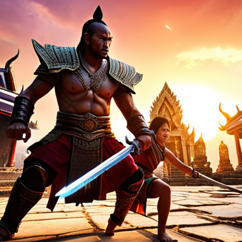 Intense PvP Battle**

Prompt: Lineage W PvP battle. A fierce warrior character, wielding a glowing sword, clashes with an enemy mage amidst ancient Thai temple ruins. Dynamic action, magical effects, and a vibrant Thai sunset sky. Crowd Control.

**