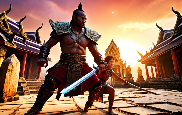 Intense PvP Battle**

Prompt: Lineage W PvP battle. A fierce warrior character, wielding a glowing sword, clashes with an enemy mage amidst ancient Thai temple ruins. Dynamic action, magical effects, and a vibrant Thai sunset sky. Crowd Control.

**